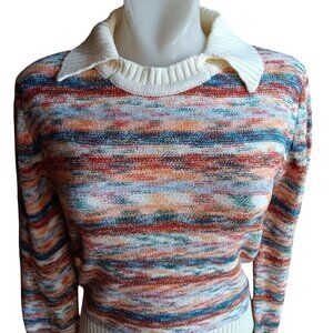 Small True Vintage Boho Multicolor Knit Sweater Ribbed Collar/Hem 1970's Fall